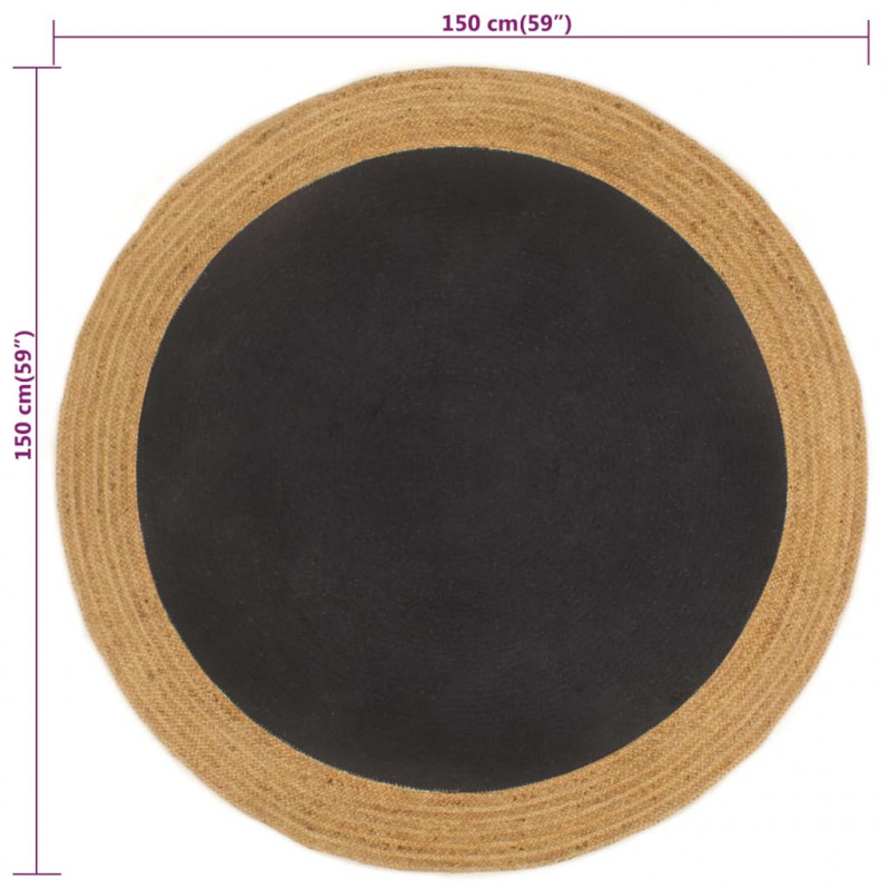 Pleciony dywan, czarno-naturalny, 150cm, juta, bawełna, okrągły