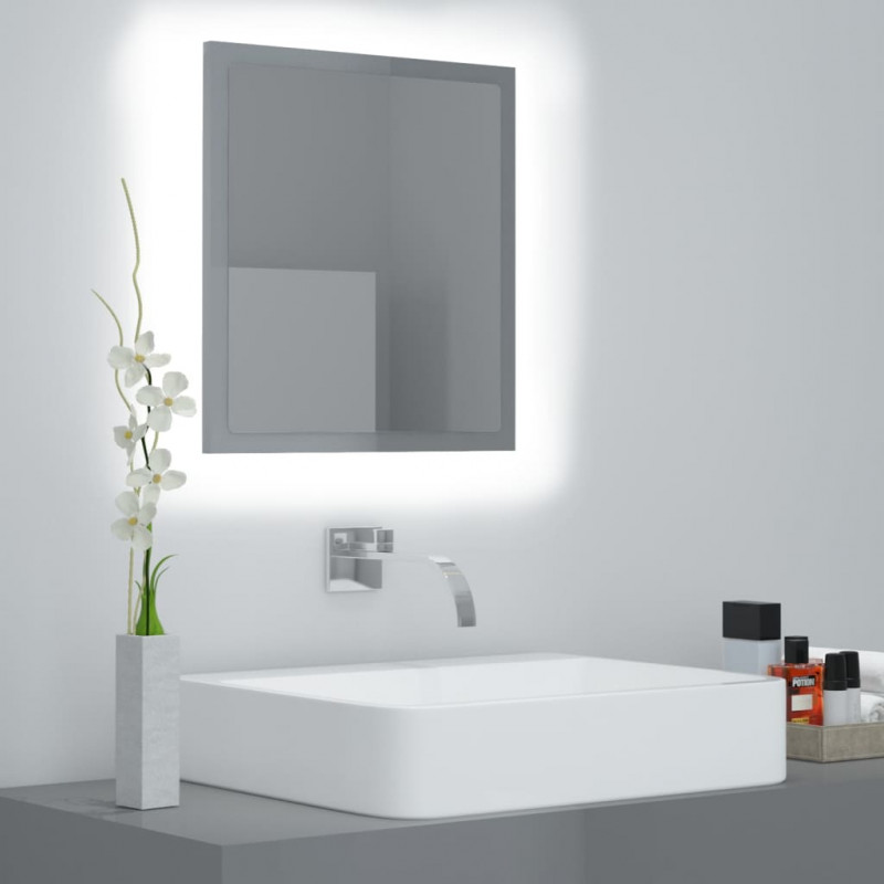 Lustro łazienkowe LED, wysoki połysk, szare, 40x8,5x37cm, akryl