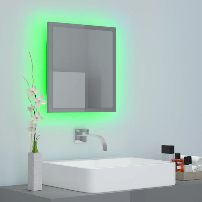 Lustro łazienkowe LED, wysoki połysk, szare, 40x8,5x37cm, akryl