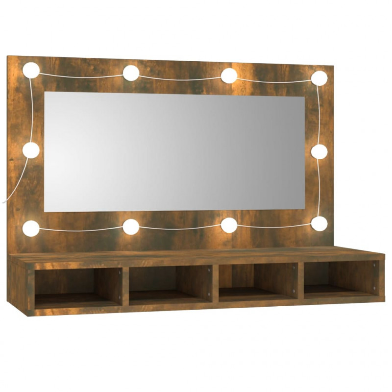 Szafka z lustrem i LED, przydymiony dąb, 90x31,5x62 cm