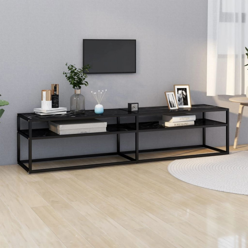 Szafka pod TV, czarny marmur, 180x40x40,5 cm, szkło hartowane