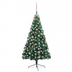 Choinka z lampkami i bombkami, połówka, zielona, 150 cm