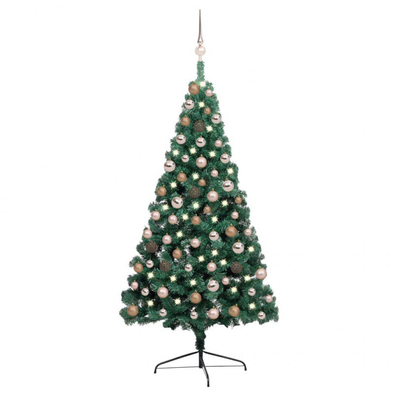 Choinka z lampkami i bombkami, połówka, zielona, 150 cm