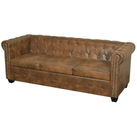 Trzyosobowa sofa Chesterfield ze sztucznej skóry, brązowa