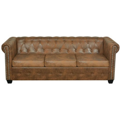 Trzyosobowa sofa Chesterfield ze sztucznej skóry, brązowa