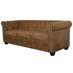 Trzyosobowa sofa Chesterfield ze sztucznej skóry, brązowa