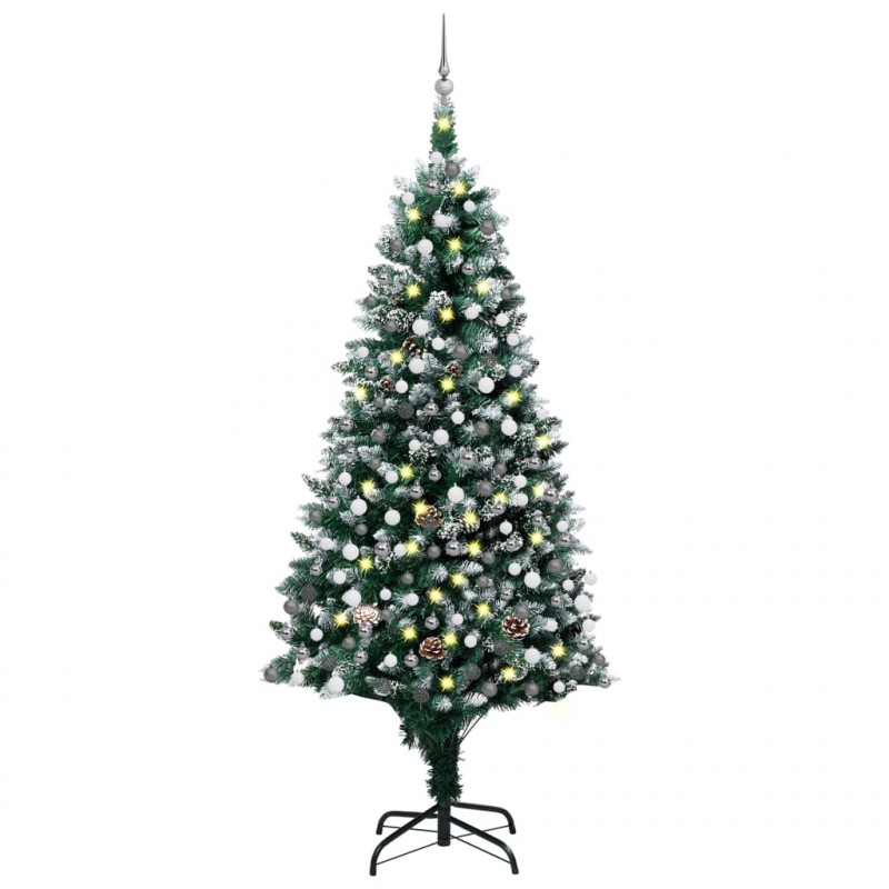 Sztuczna choinka z lampkami, bombkami i szyszkami, 210 cm