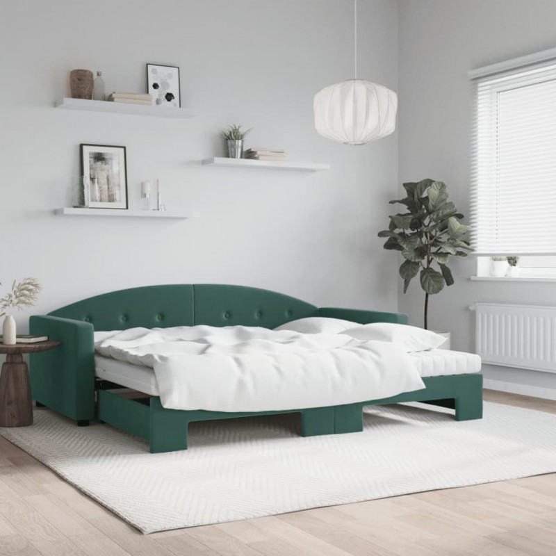 Sofa rozsuwana z materacami, ciemnozielona, 90x200 cm, aksamit