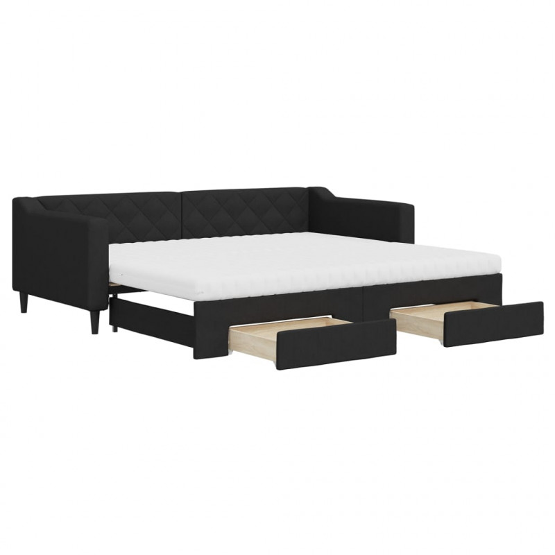 Sofa rozsuwana z szufladami, czarna, 90x200 cm, tkanina