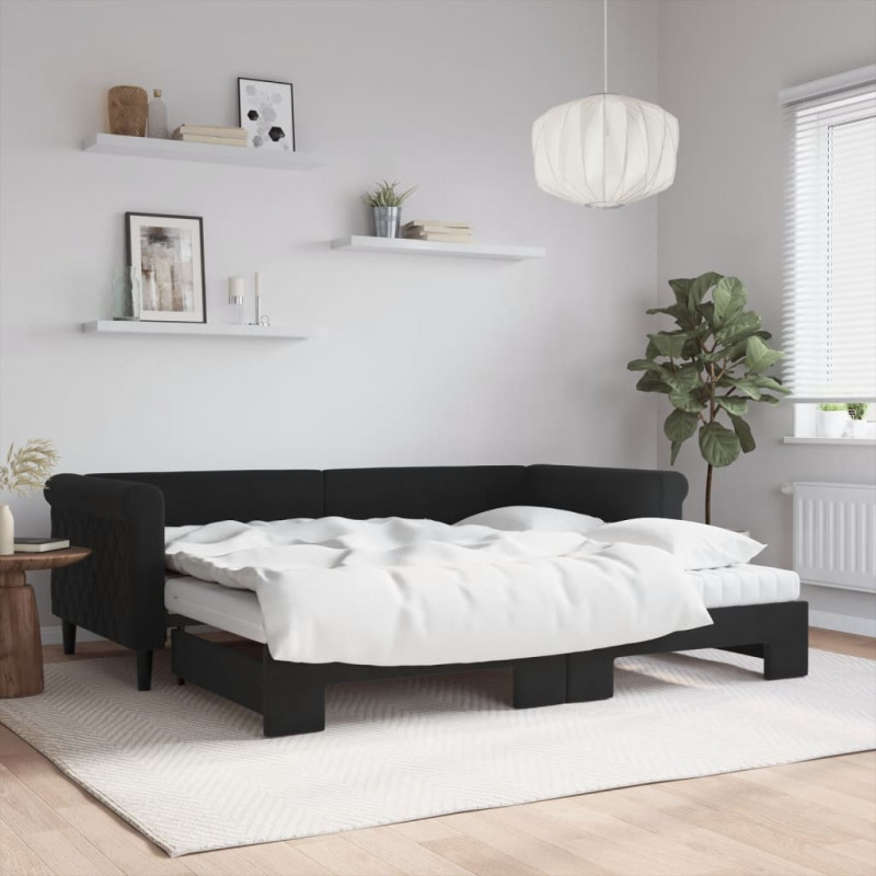 Sofa rozsuwana z materacami, czarna, 90x200 cm, aksamit