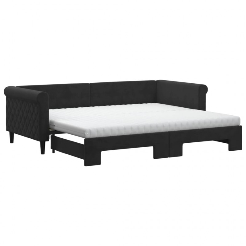 Sofa rozsuwana z materacami, czarna, 90x200 cm, aksamit