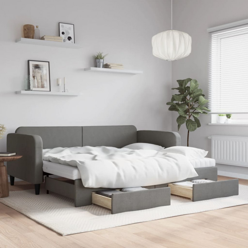 Sofa rozsuwana z szufladami, ciemnoszara, 90x200 cm, tkanina