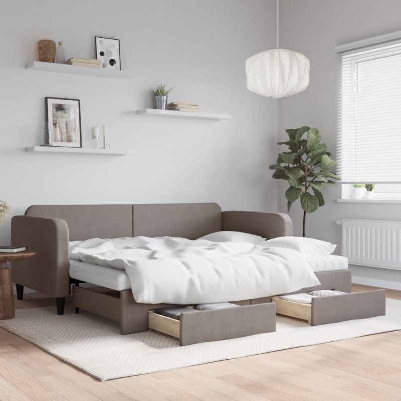 Sofa rozsuwana z szufladami, taupe, 90x200 cm, tkanina