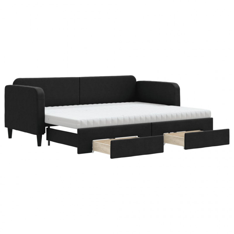 Sofa rozsuwana z szufladami, czarna, 80x200 cm, tkanina