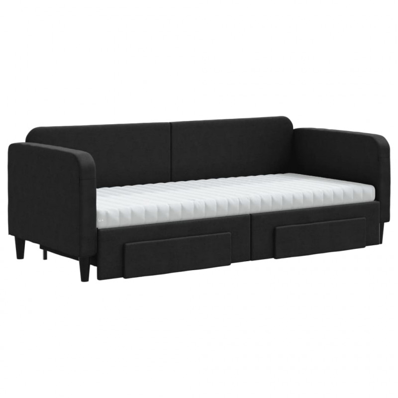 Sofa rozsuwana z szufladami, czarna, 80x200 cm, tkanina