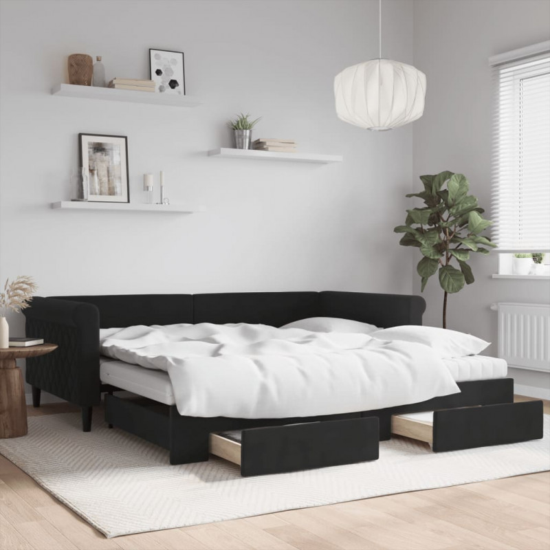 Sofa rozsuwana z szufladami, czarna, 100x200 cm, aksamit