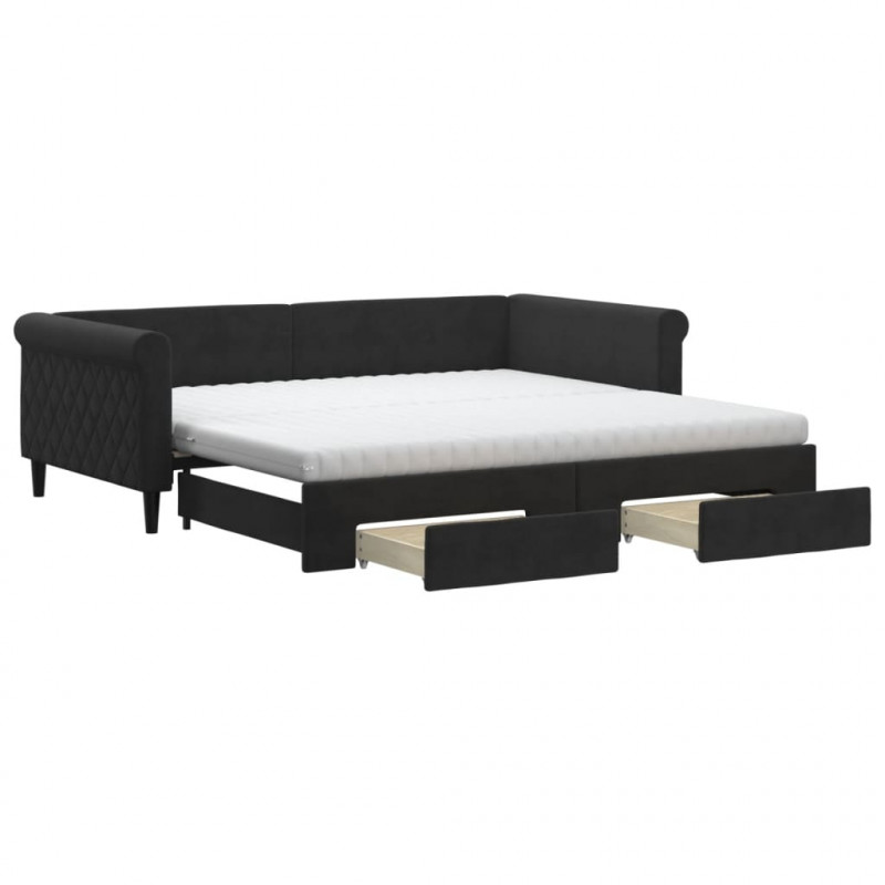 Sofa rozsuwana z szufladami, czarna, 100x200 cm, aksamit