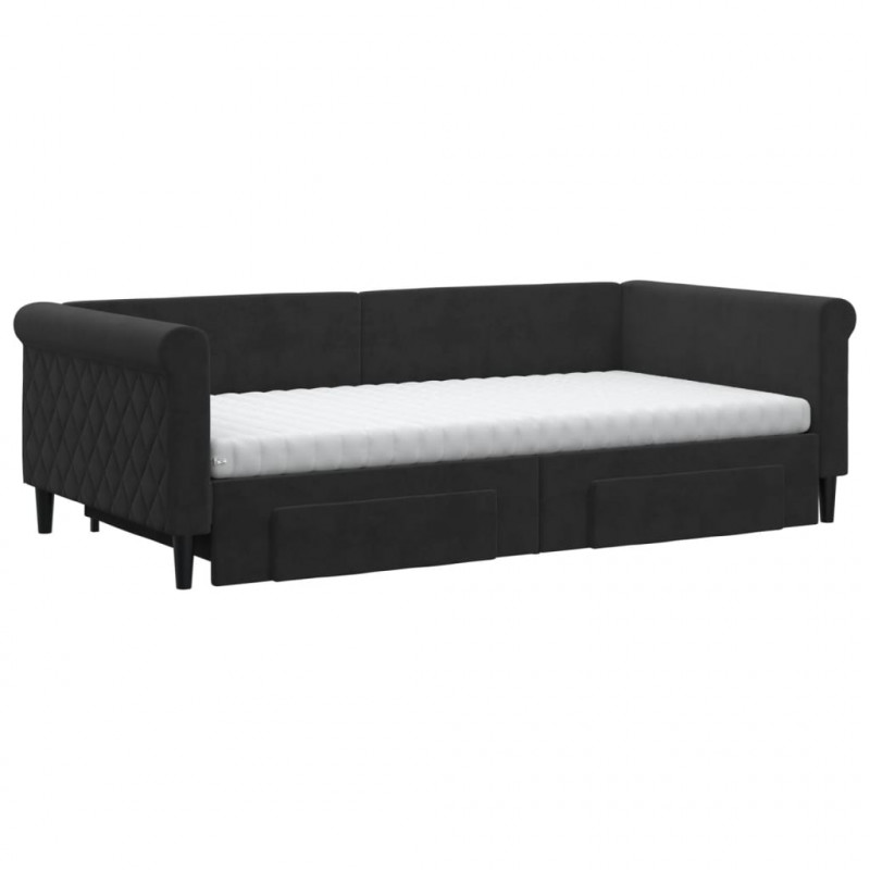 Sofa rozsuwana z szufladami, czarna, 100x200 cm, aksamit