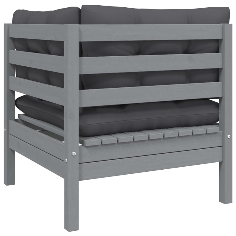 2-osobowa sofa ogrodowa z szarymi poduszkami, drewno sosnowe
