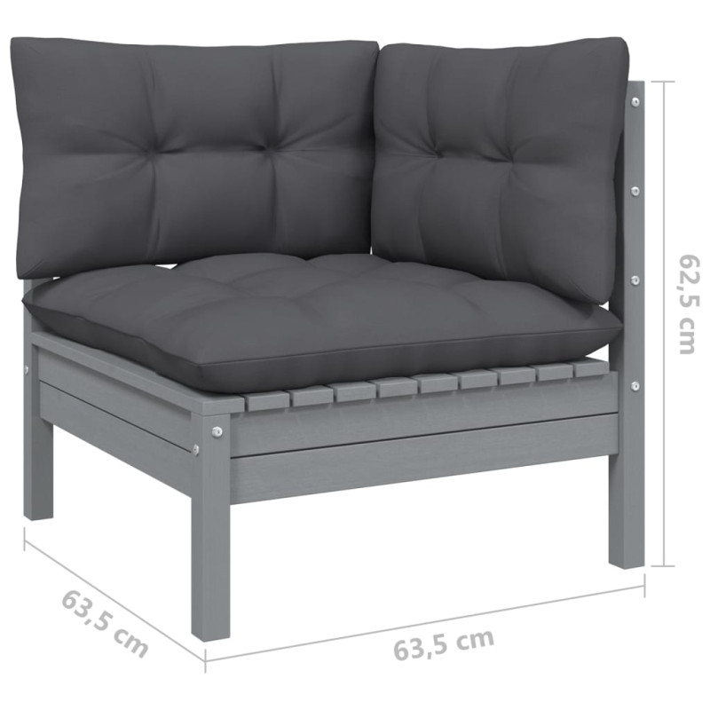 2-osobowa sofa ogrodowa z szarymi poduszkami, drewno sosnowe