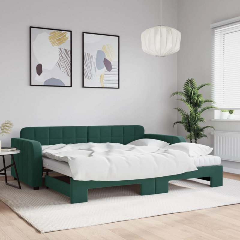 Sofa rozsuwana z materacami, ciemnozielona, 90x200 cm, aksamit
