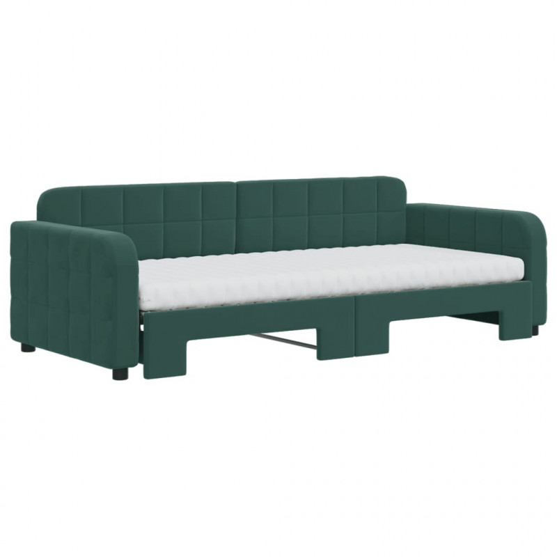 Sofa rozsuwana z materacami, ciemnozielona, 90x200 cm, aksamit