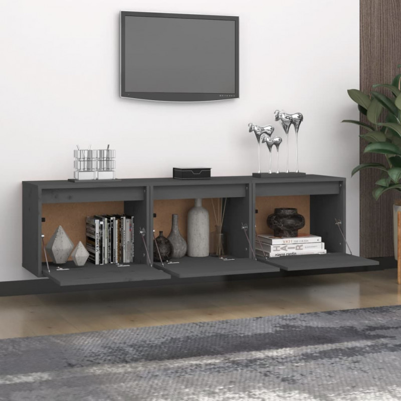 Szafki pod TV, 3 szt., szare, lite drewno sosnowe