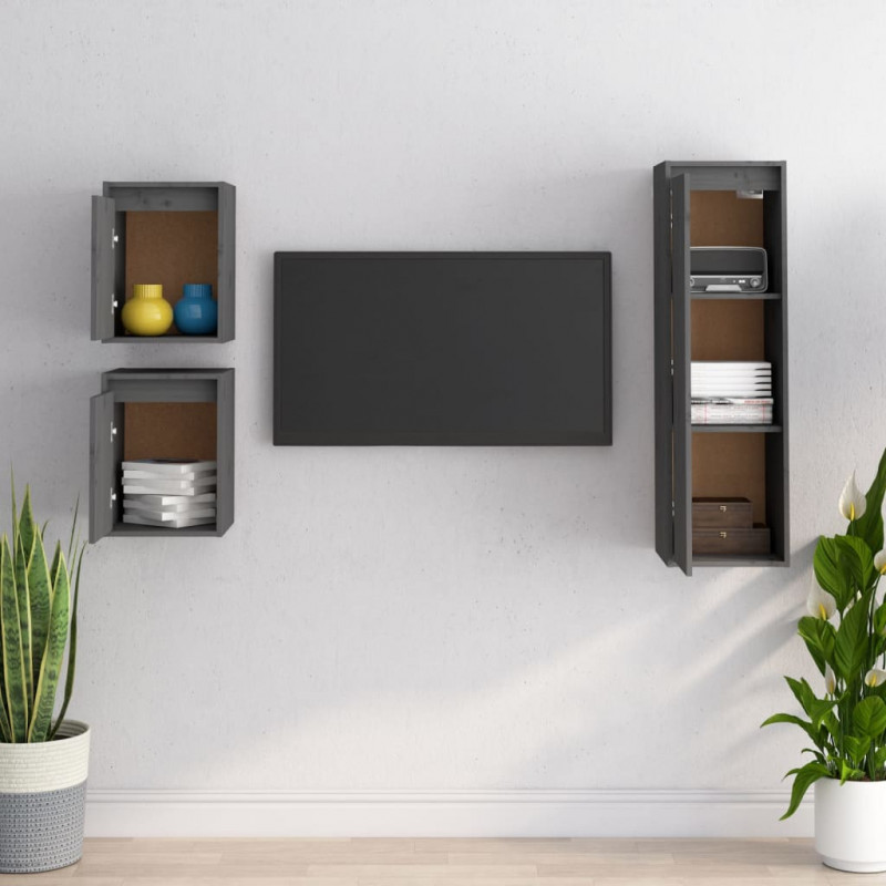 Szafki pod TV, 3 szt., szare, lite drewno sosnowe