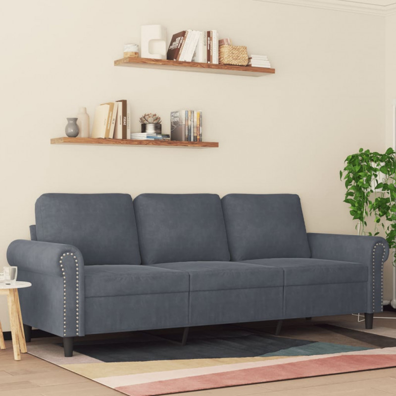 Sofa 3-osobowa, ciemnoszara, 180 cm, obita aksamitem