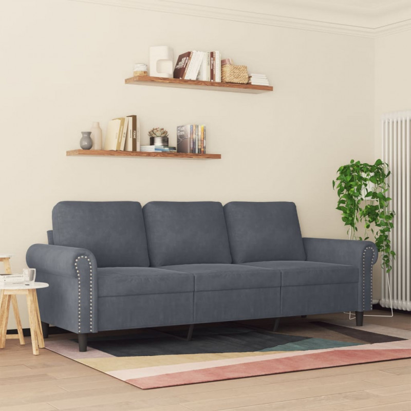 Sofa 3-osobowa, ciemnoszara, 180 cm, obita aksamitem