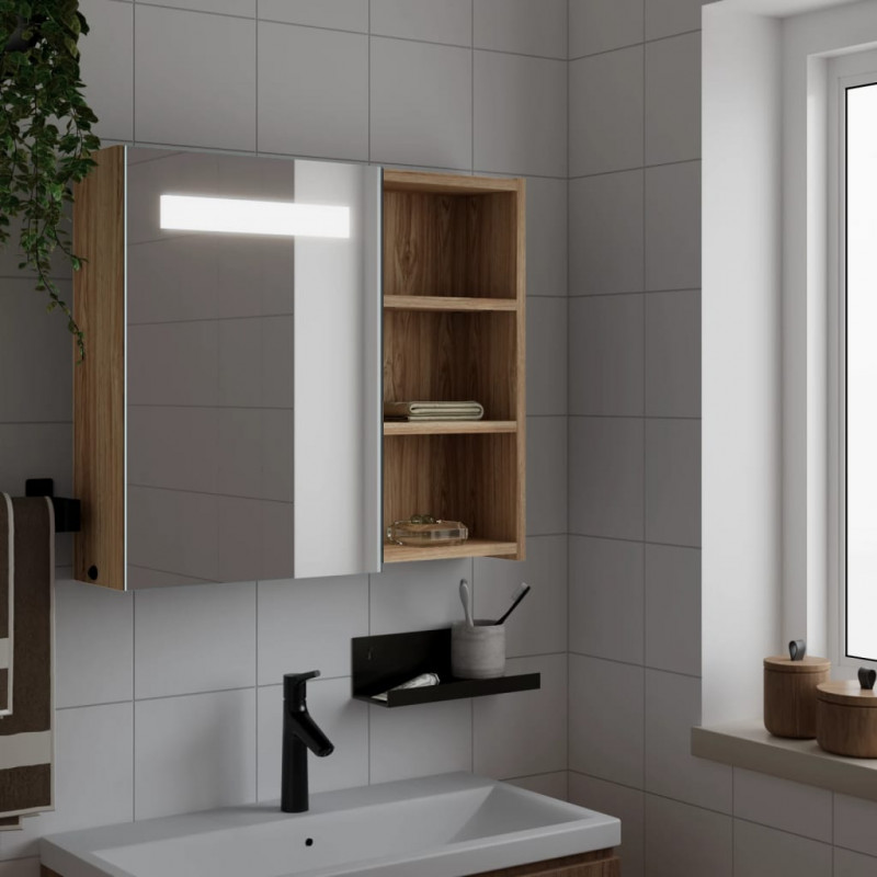 Szafka łazienkowa z lustrem i LED, kolor dębu, 60x13x52 cm