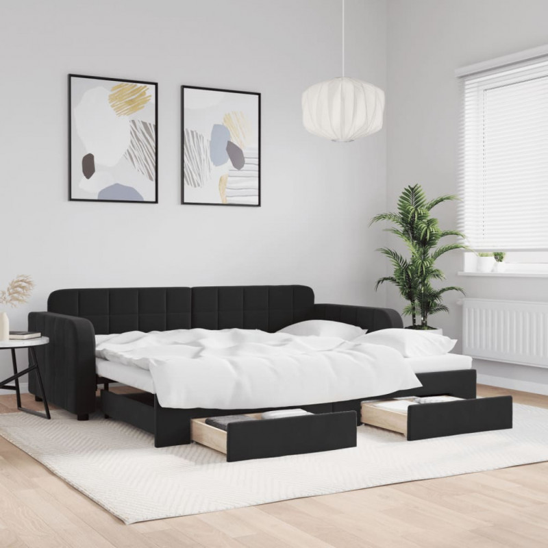 Sofa rozsuwana z szufladami, czarna, 90x200 cm, aksamit