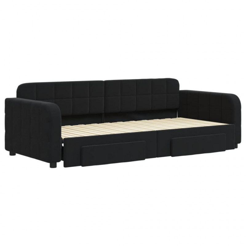 Sofa rozsuwana z szufladami, czarna, 90x200 cm, aksamit