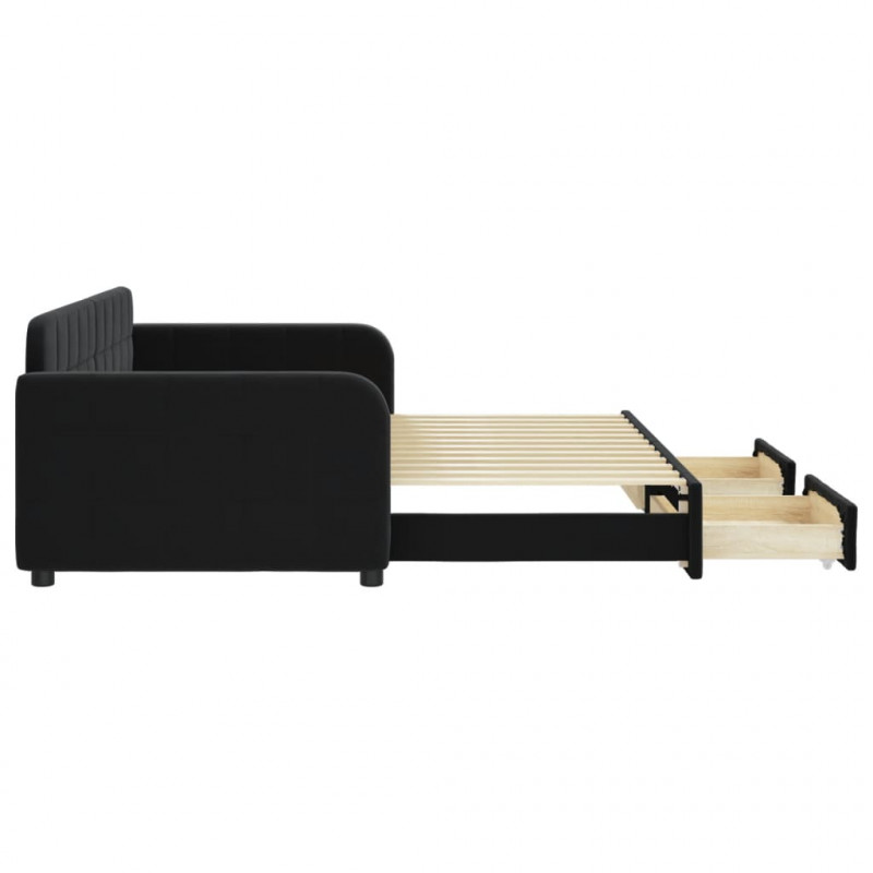 Sofa rozsuwana z szufladami, czarna, 90x200 cm, aksamit