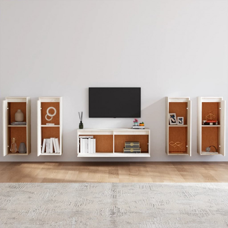Szafki pod TV, 5 szt., białe, lite drewno sosnowe