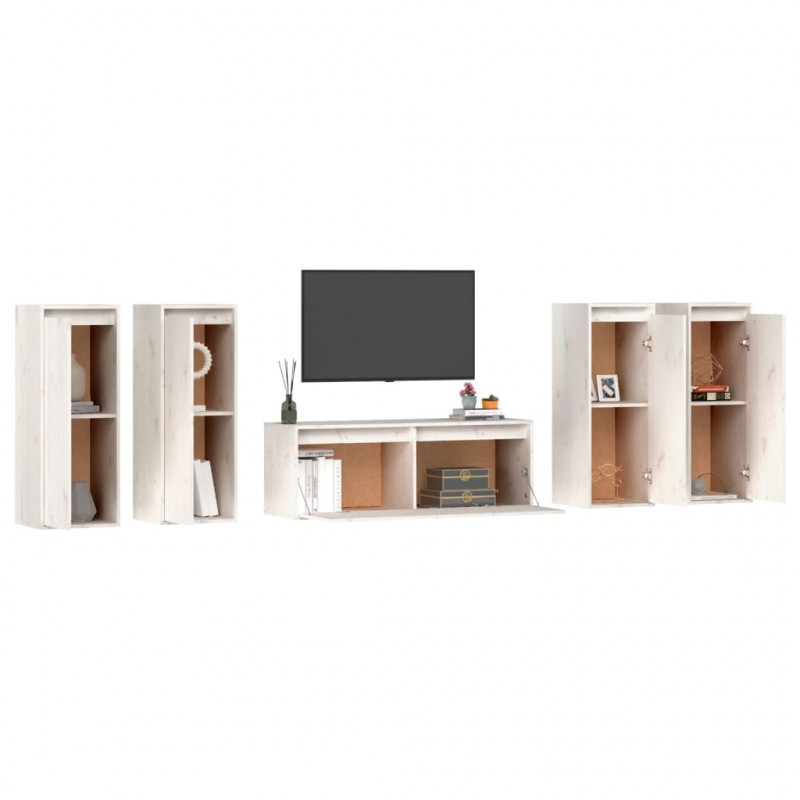 Szafki pod TV, 5 szt., białe, lite drewno sosnowe