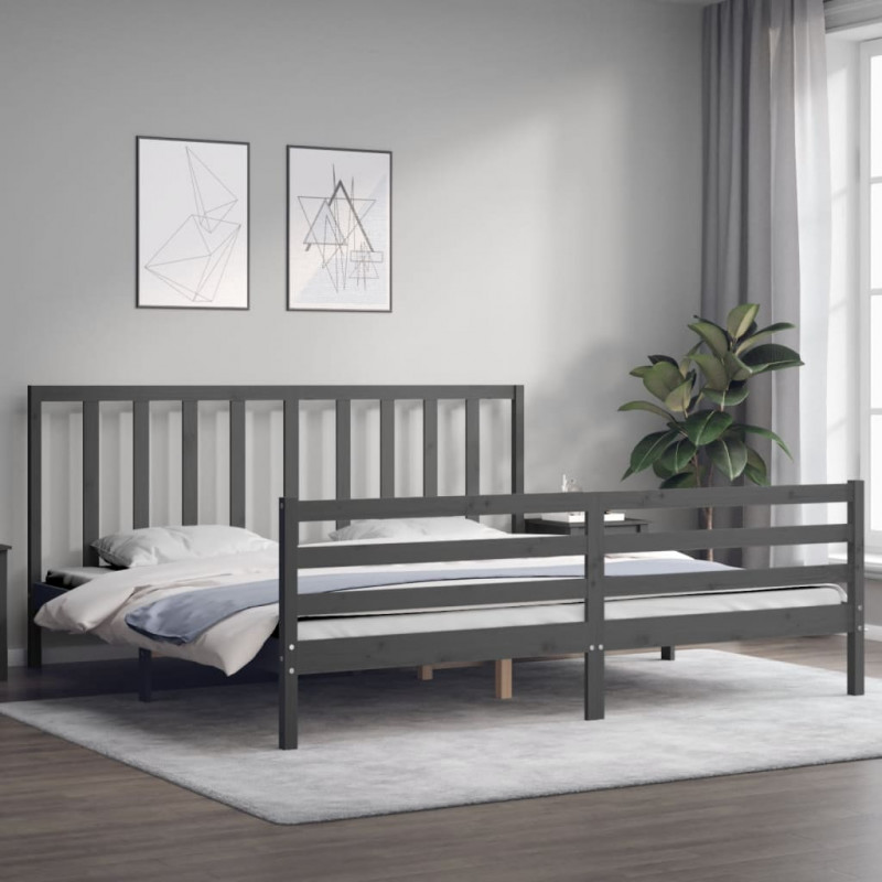 Rama łóżka z wezgłowiem, szara, 200x200 cm, lite drewno
