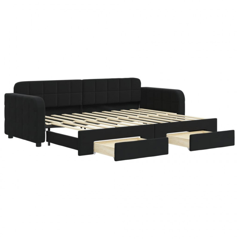 Sofa rozsuwana z szufladami, czarna, 80x200 cm, aksamit