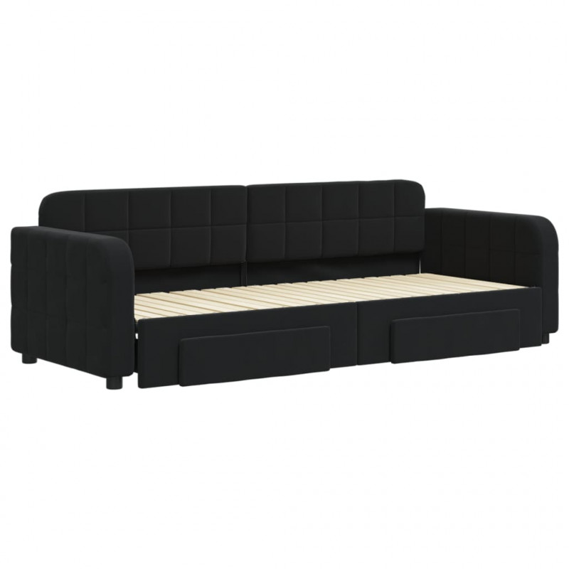 Sofa rozsuwana z szufladami, czarna, 80x200 cm, aksamit