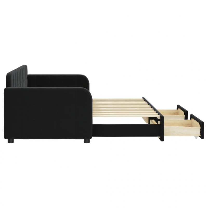 Sofa rozsuwana z szufladami, czarna, 80x200 cm, aksamit