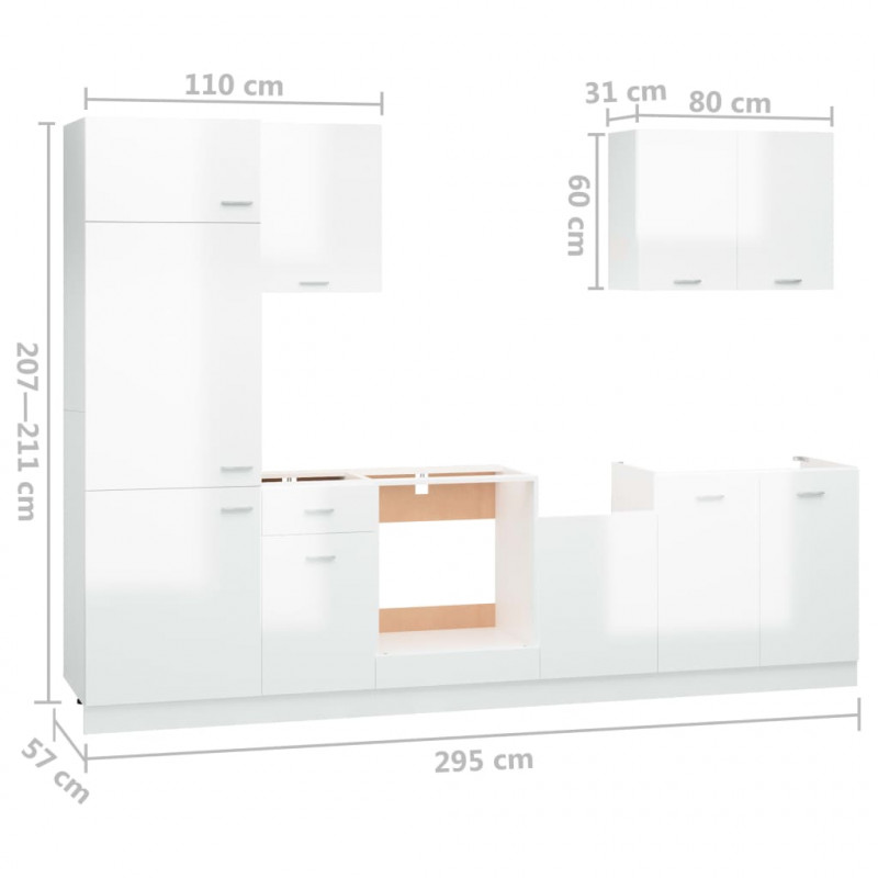7-cz. zestaw szafek kuchennych, wysoki połysk, biały, płyta