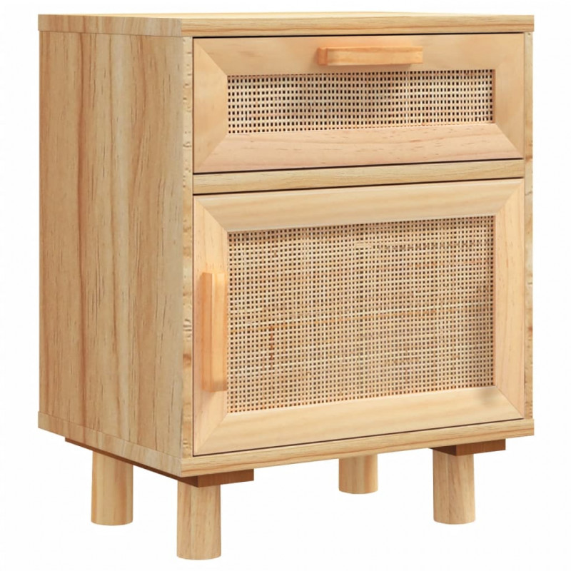 Szafka nocna, brązowe, lite drewno sosnowe i naturalny rattan