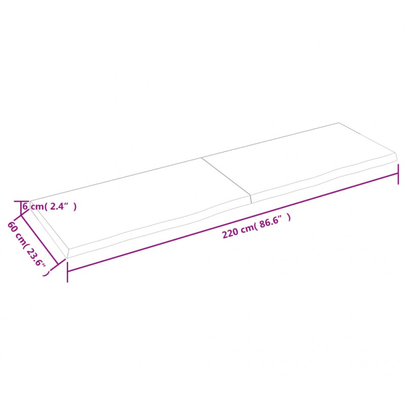 Półka, 220x60x(2-6) cm, surowe lite drewno dębowe