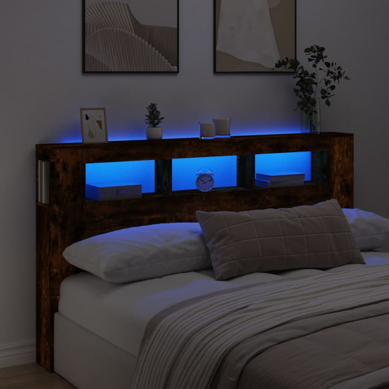 Wezgłowie łóżka z LED, przydymiony dąb, 180x18,5x103,5 cm