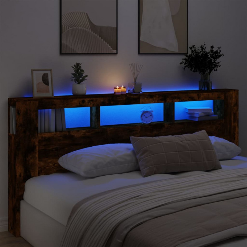 Wezgłowie łóżka z LED, przydymiony dąb, 220x18,5x103,5 cm