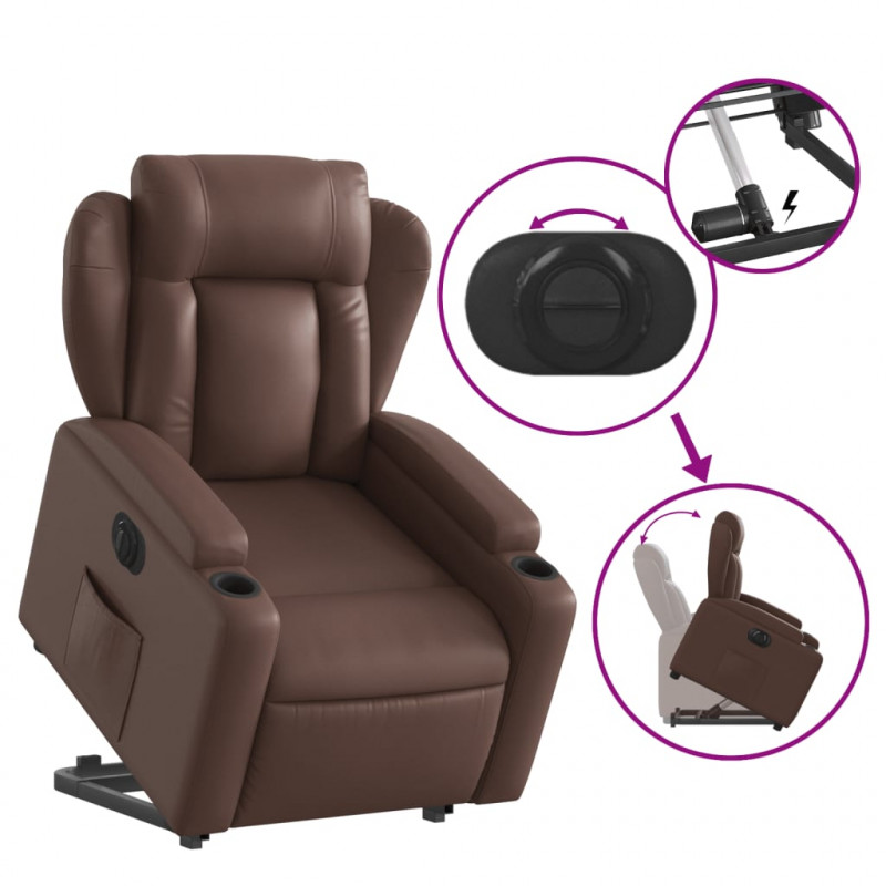 Rozkładany fotel pionizujący, elektryczny, brązowy, ekoskóra