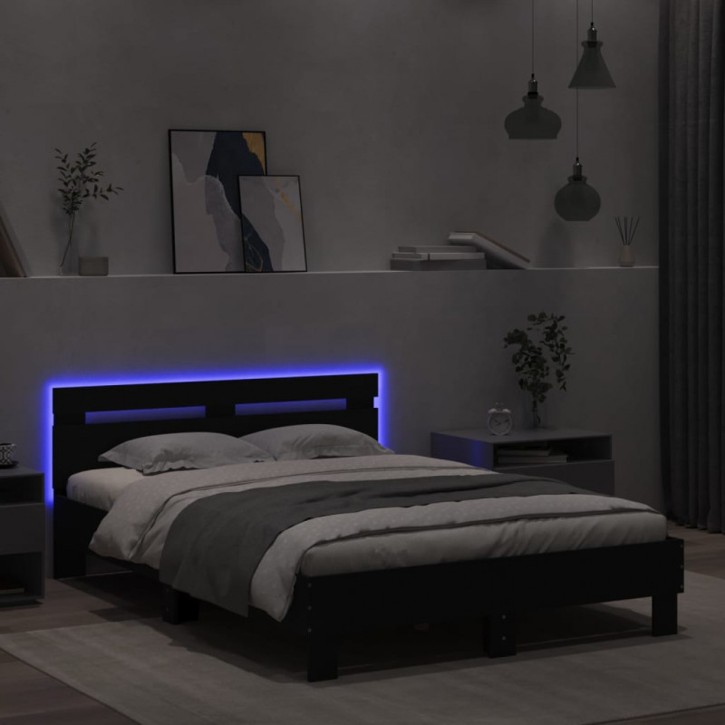 Rama łóżka z wezgłowiem i LED, czarna, 120x200 cm
