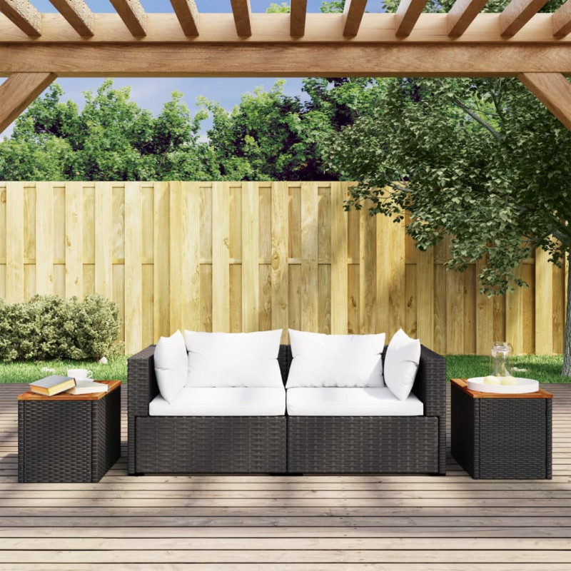 Stoliki ogrodowe, 2 szt, czarne, 55x34x37cm, rattan PE i drewno