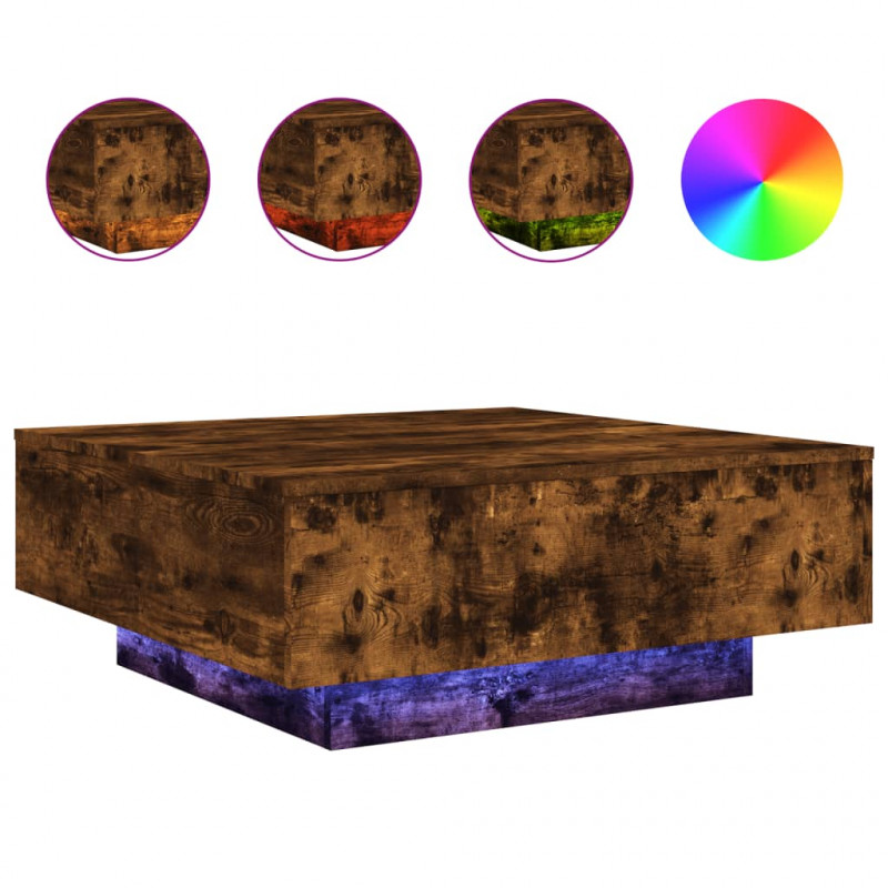 Stolik kawowy z LED, przydymiony dąb, 80x80x31 cm