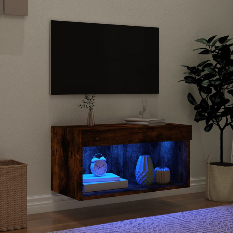 Szafka pod TV, z LED, kolor przydymiony dąb, 60x30x30 cm